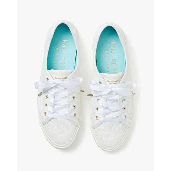 Kate Spade Trista Optic White Glitter Sneakers Womens 8.5 Ribbon Lace Up - Picture 2 of 5